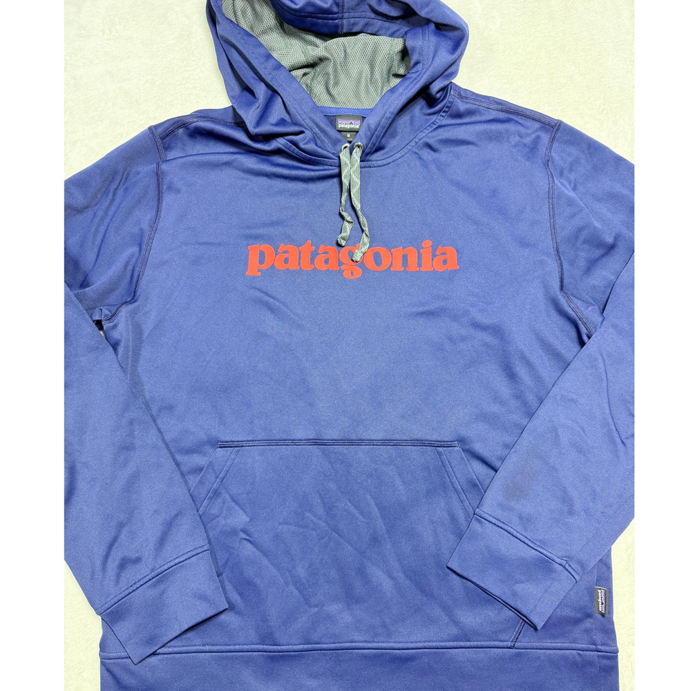 Patagonia PolyCycle Fleece Hoodie Navy Blue Red Text Logo Gorpcore Mens Sz Med
